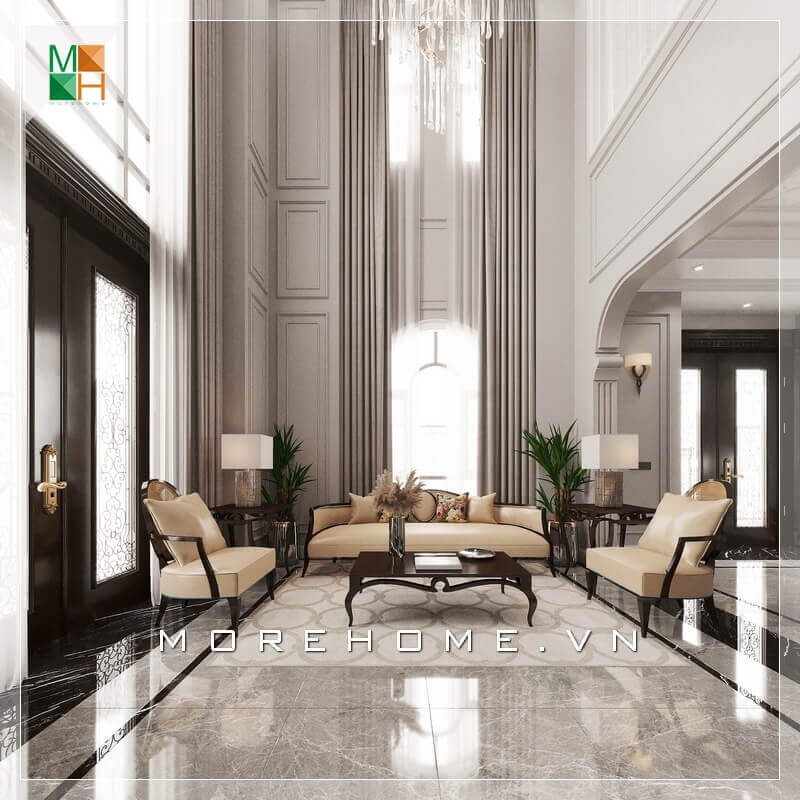 Thiết kế không gian phòng khách tân cổ điển rộng và đẳng cấp với mẫu bàn ghế phòng khách bàn gỗ tự nhiên cao cấp, ghế sofa bọc da sang trọng. Thiết kế phòng ngủ biệt thự