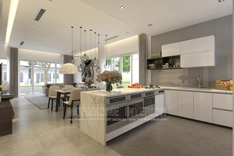 Mẫu tủ bếp chữ L màu trắng tạo sự thanh lịch, nhẹ nhàng trong không gian bếp Tủ bếp chữ L