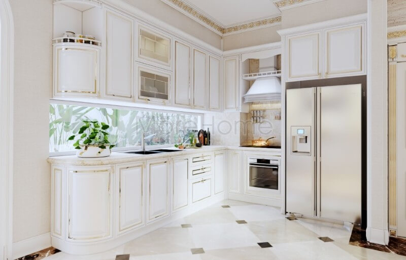 Thiết kế tủ bếp biệt thự kiểu dáng chữ L tân cổ điển đẹp mắt, từng chi tiết tinh tế trang trí đường ánh kim đơn giản tạo điểm nhấn đặc biệt giúp tăng thêm tính thẩm mỹ cho không gian nhà bếp Tủ bếp chữ L