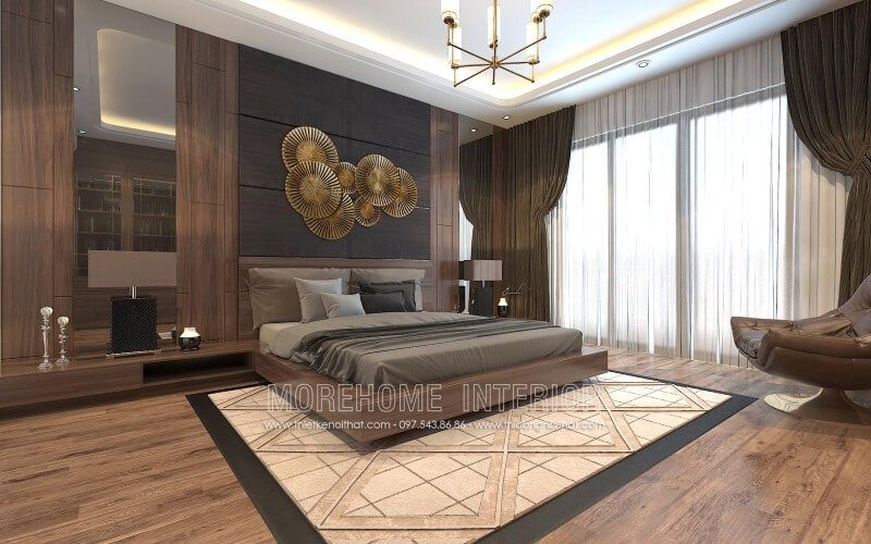 Mẫu thiết kế giường ngủ 2 người đơn giản, đồ nội thất được thiết kế đơn giản vuông thành góc cạnh tạo sự linh hoạt cho căn phòng